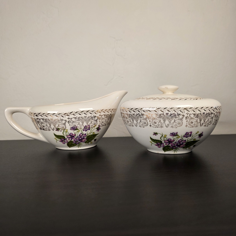 Vintage Spring Violet Cream & Sugar Set Gold Trim Floral